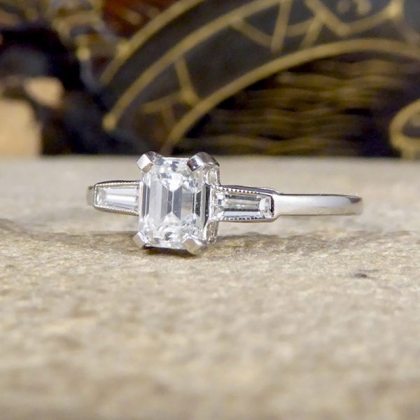 Art Deco Style Emerald Cut Diamond Ring with Baguette Cut Shoulders