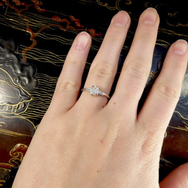 Art Deco Style Emerald Cut Diamond Ring with Baguette Cut Shoulders