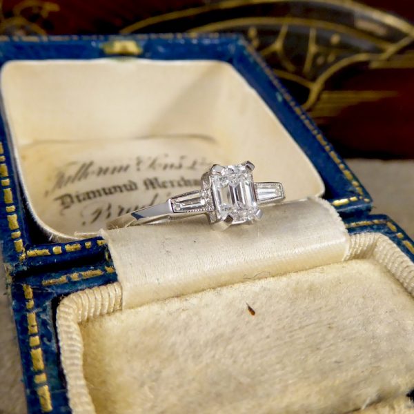 Art Deco Style Emerald Cut Diamond Ring with Baguette Cut Shoulders