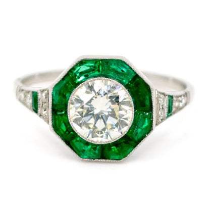 Art Deco Style Emerald and 1ct Old European Cut Diamond Ring