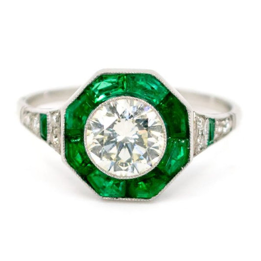 Art Deco Style Emerald and 1ct Old European Cut Diamond Ring