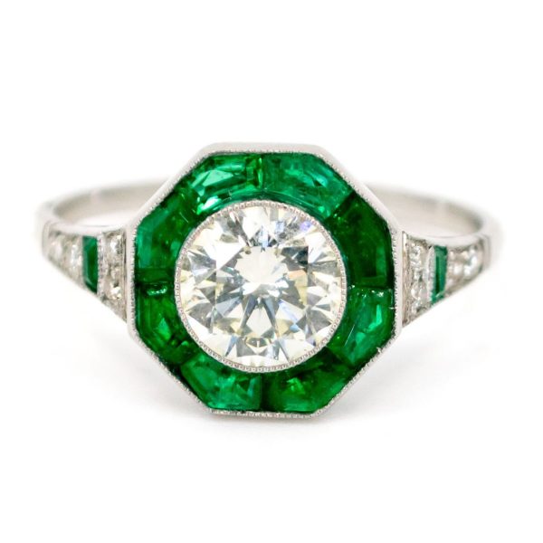 Art Deco Style Emerald and 1ct Old European Cut Diamond Ring