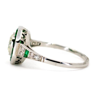 Art Deco Style Emerald and 1ct Old European Cut Diamond Ring