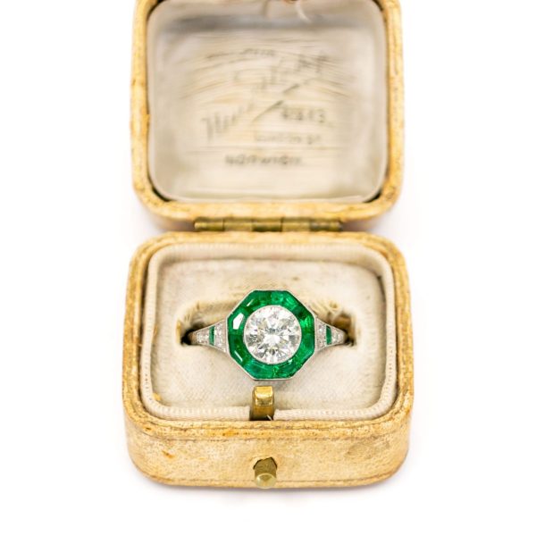 Art Deco Style Emerald and 1ct Old European Cut Diamond Ring