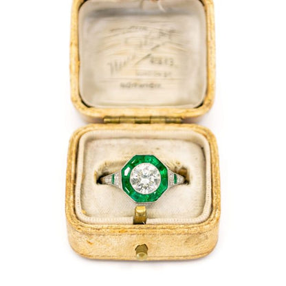 Art Deco Style Emerald and 1ct Old European Cut Diamond Ring