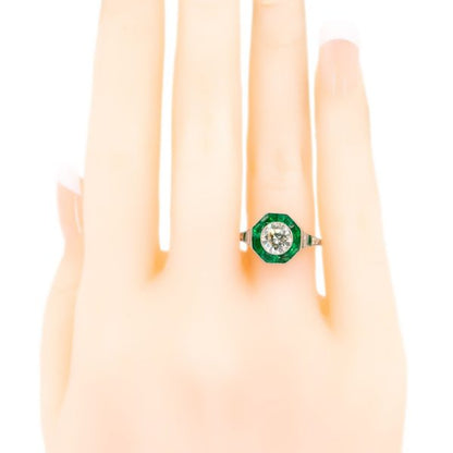 Art Deco Style Emerald and 1ct Old European Cut Diamond Ring