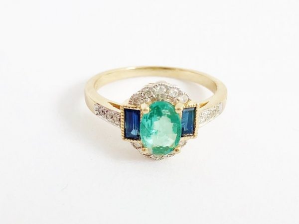 Art Deco Style Emerald Sapphire and Diamond Ring