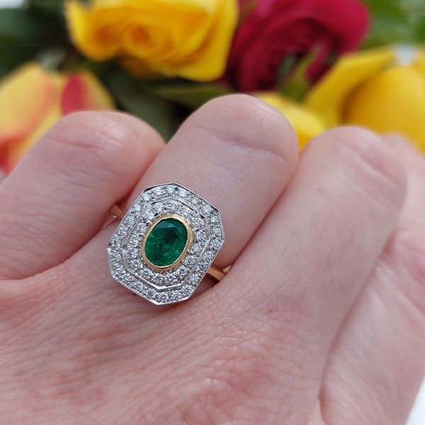 Art Deco Style Emerald and Diamond Cluster Ring