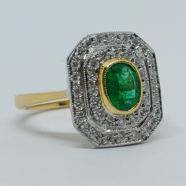 Art Deco Style Emerald and Diamond Cluster Ring
