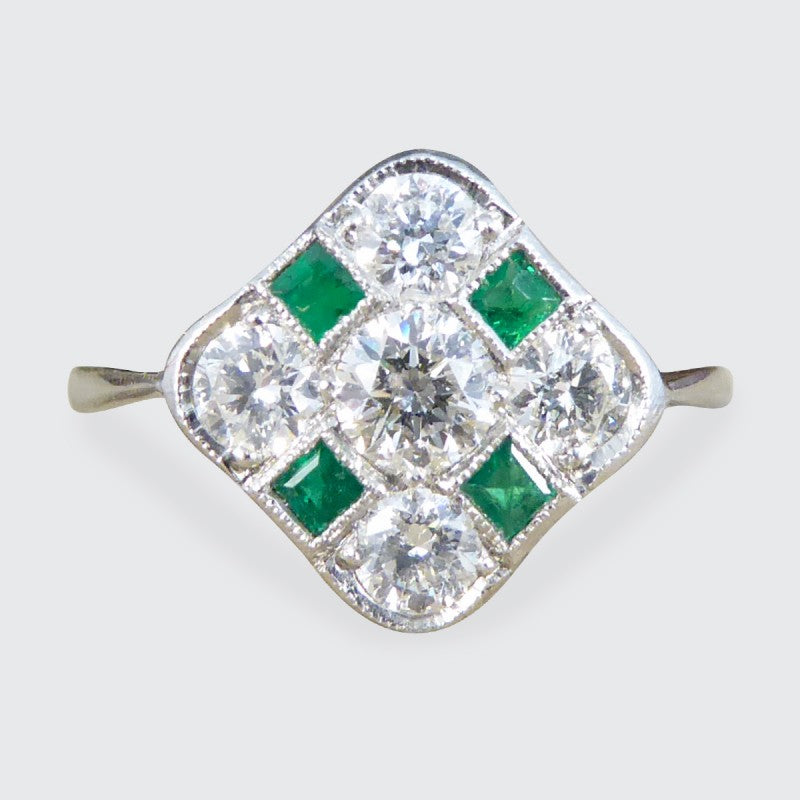 Art Deco Style Emerald and Diamond Kite Chequerboard Ring