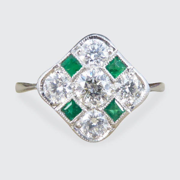 Art Deco Style Emerald and Diamond Kite Chequerboard Ring