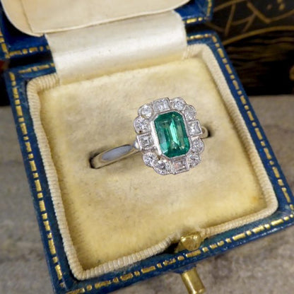 Art Deco Style Emerald and Diamond Platinum Cluster Ring