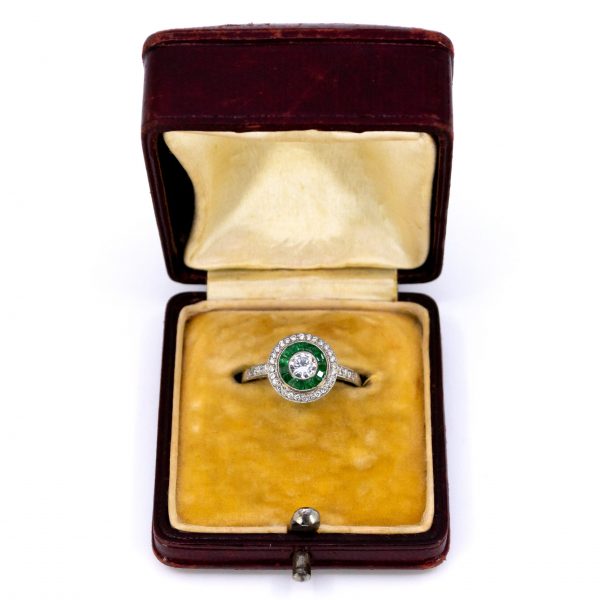 Art Deco Style Emerald and Diamond Target Cluster Ring