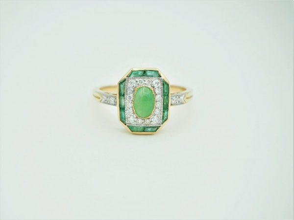 Art Deco Style Jade, Diamond and Emerald Cluster Ring