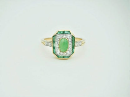 Art Deco Style Jade, Diamond and Emerald Cluster Ring