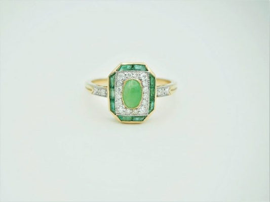 Art Deco Style Jade, Diamond and Emerald Cluster Ring
