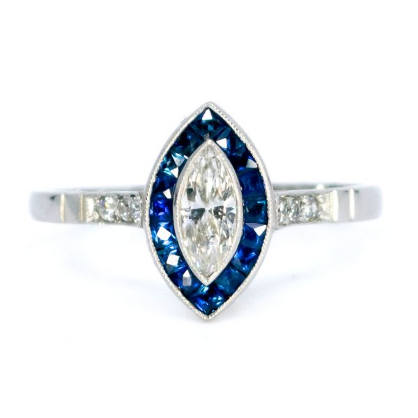 Art Deco Style Marquise Cut Diamond and Sapphire Target Ring