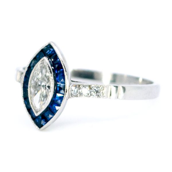 Art Deco Style Marquise Cut Diamond and Sapphire Target Ring