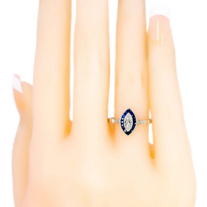 Art Deco Style Marquise Cut Diamond and Sapphire Target Ring