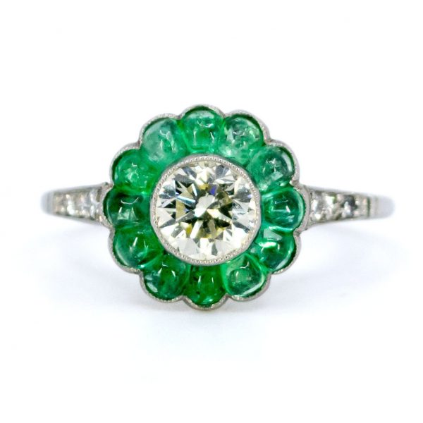 Art Deco Style Old European Cut Diamond and Emerald Platinum Ring