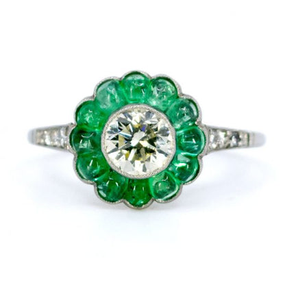 Art Deco Style Old European Cut Diamond and Emerald Platinum Ring