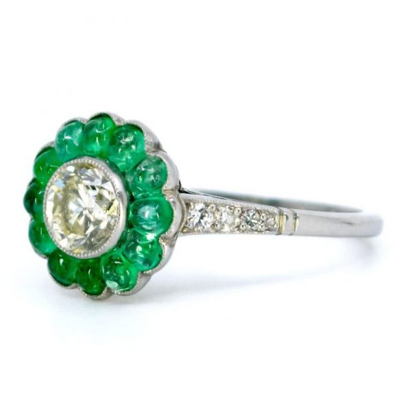 Art Deco Style Old European Cut Diamond and Emerald Platinum Ring