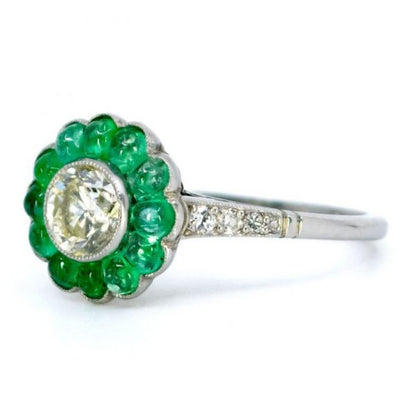 Art Deco Style Old European Cut Diamond and Emerald Platinum Ring