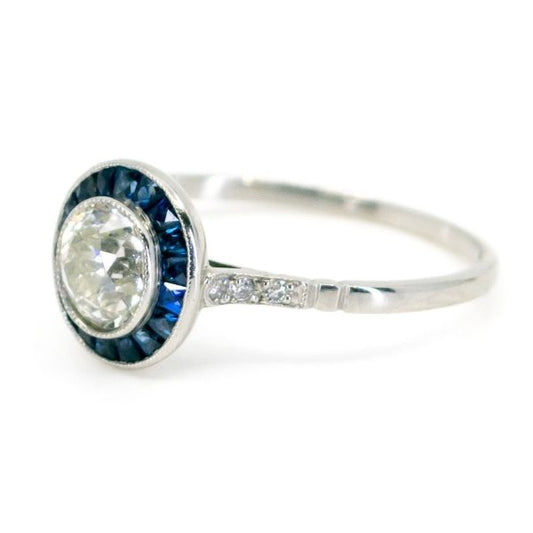 Art Deco Style Old European Cut Diamond and Sapphire Target Ring