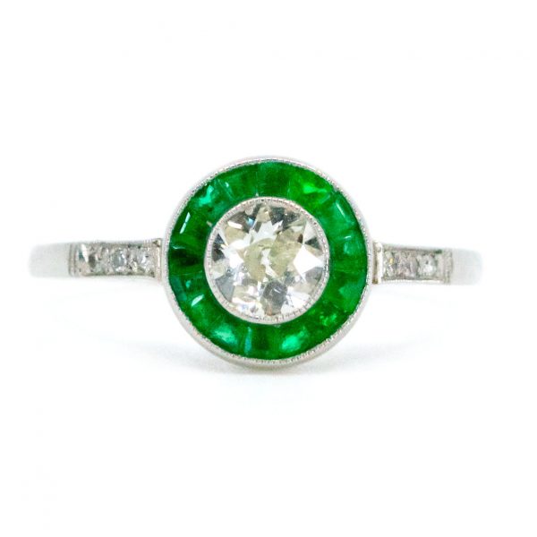 Art Deco Style Old Mine Cut Diamond Emerald Target Ring