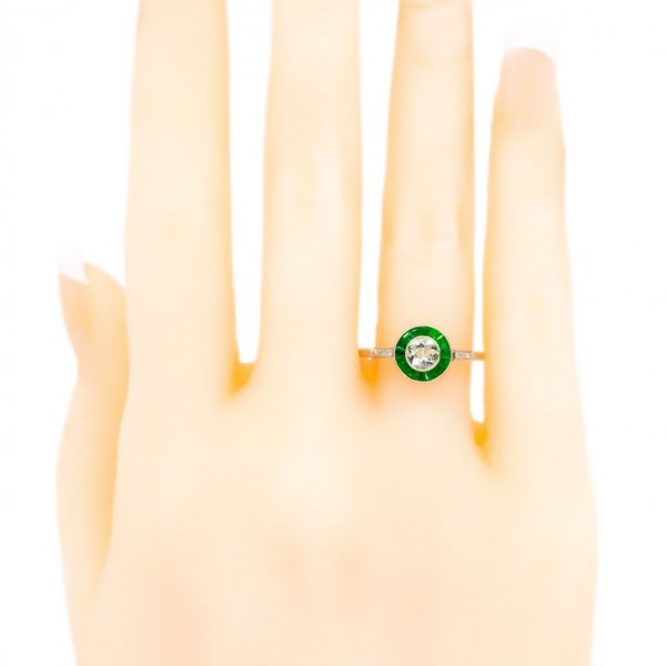 Art Deco Style Old Mine Cut Diamond Emerald Target Ring
