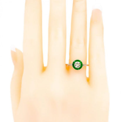 Art Deco Style Old Mine Cut Diamond Emerald Target Ring