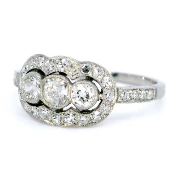 Art Deco Style Old Mine Cut Diamond Triple Cluster Ring