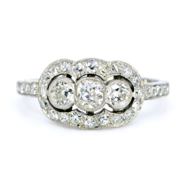 Art Deco Style Old Mine Cut Diamond Triple Cluster Ring