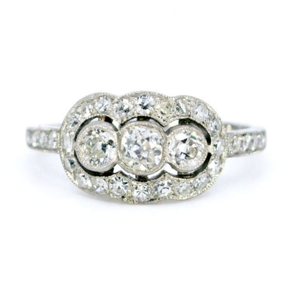 Art Deco Style Old Mine Cut Diamond Triple Cluster Ring