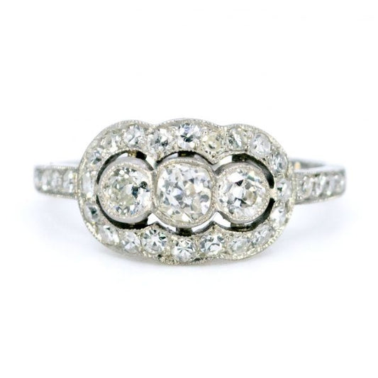 Art Deco Style Old Mine Cut Diamond Triple Cluster Ring
