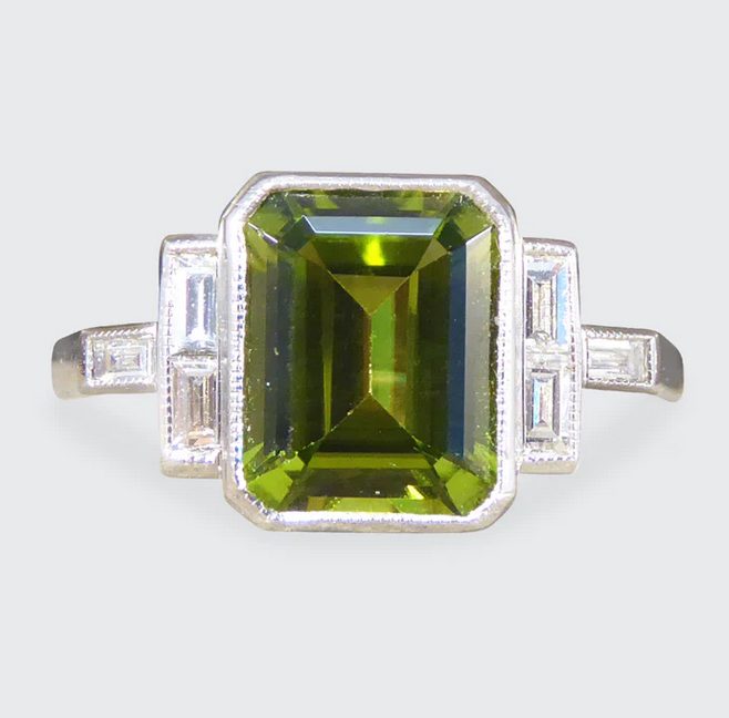 Art Deco Style Peridot Ring with Diamond Set Shoulders 2cts