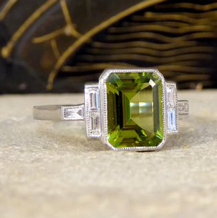Art Deco Style Peridot Ring with Diamond Set Shoulder