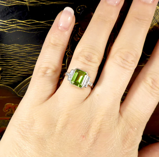 Art Deco Style Peridot Ring with Diamond Set Shoulder