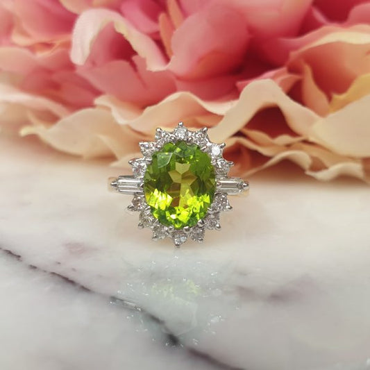 Art Deco Style Peridot and Diamond Cluster Ring