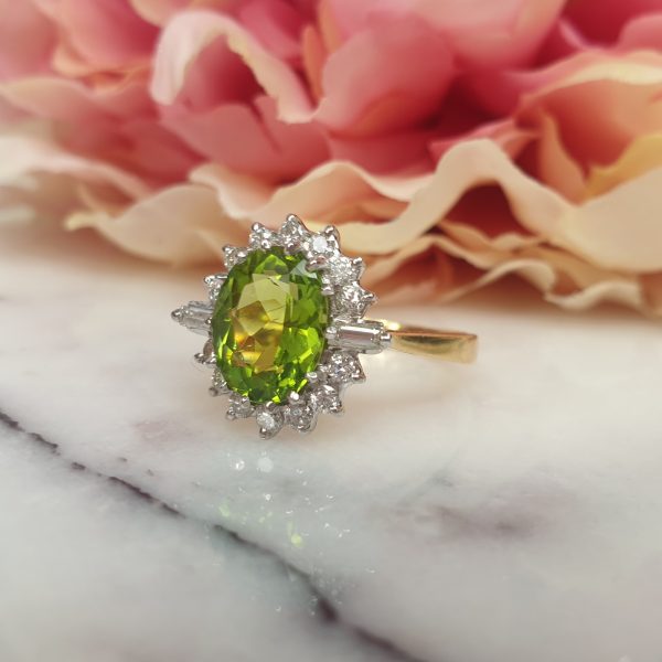 Art Deco Style Peridot and Diamond Cluster Ring