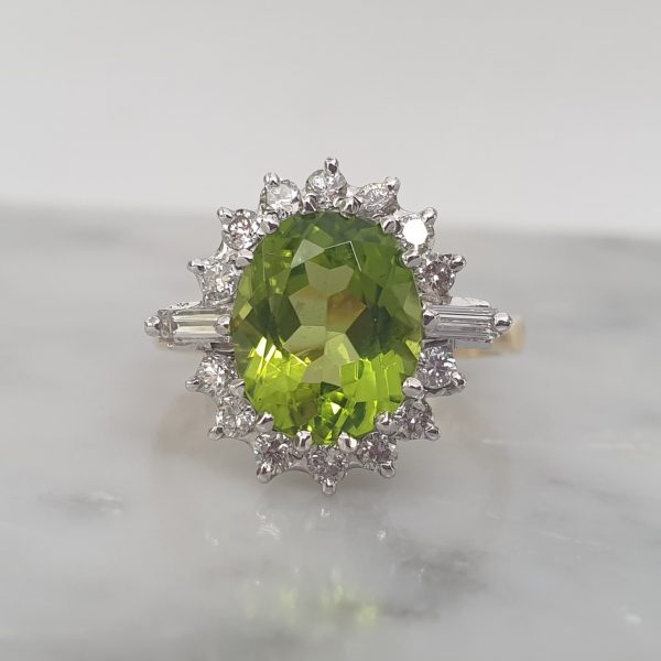 Art Deco Style Peridot and Diamond Cluster Ring