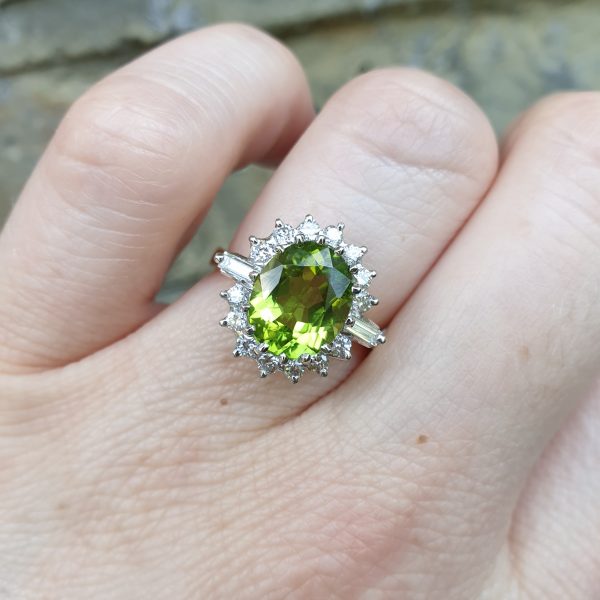 Art Deco Style Peridot and Diamond Cluster Ring
