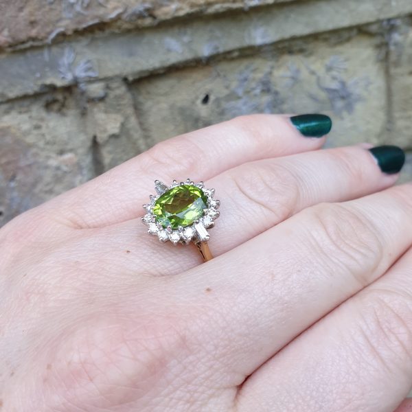 Art Deco Style Peridot and Diamond Cluster Ring