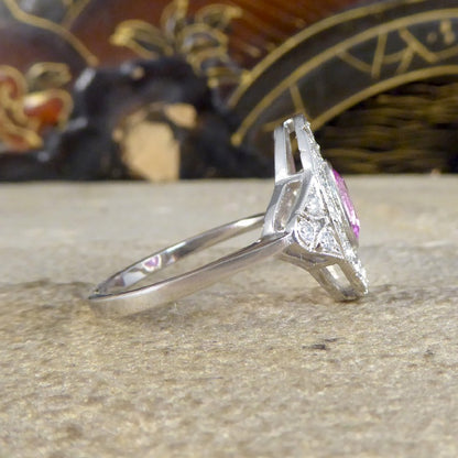 Art Deco Style Pink Sapphire and Diamond Navette Plaque Ring