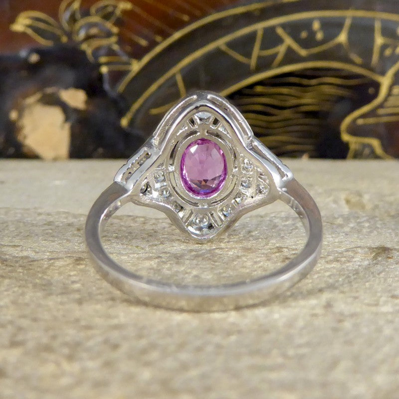Art Deco Style Pink Sapphire and Diamond Navette Plaque Ring