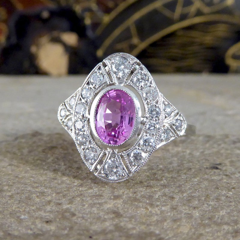 Art Deco Style Pink Sapphire and Diamond Navette Plaque Ring