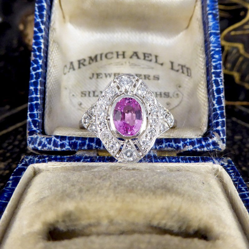 Art Deco Style Pink Sapphire and Diamond Navette Plaque Ring