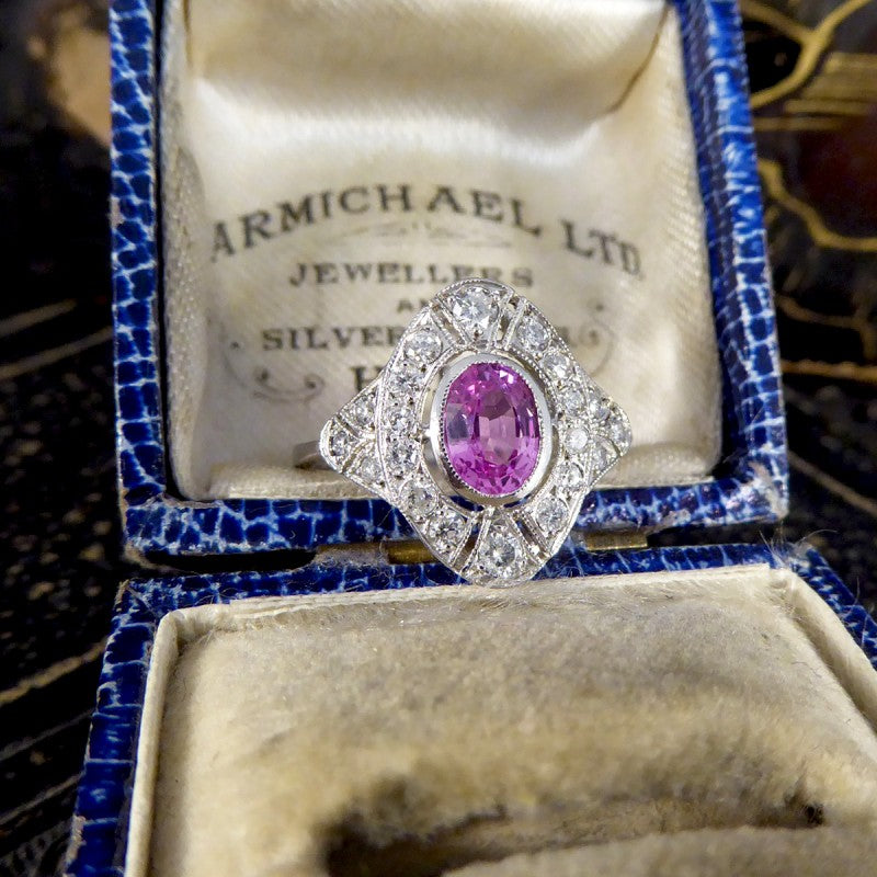 Art Deco Style Pink Sapphire and Diamond Navette Plaque Ring