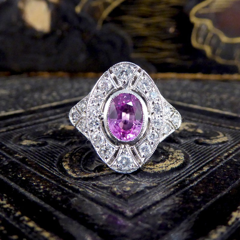 Art Deco Style Pink Sapphire and Diamond Navette Plaque Ring