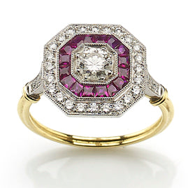 Art Deco ruby and diamond target ring Octagonal yellow gold